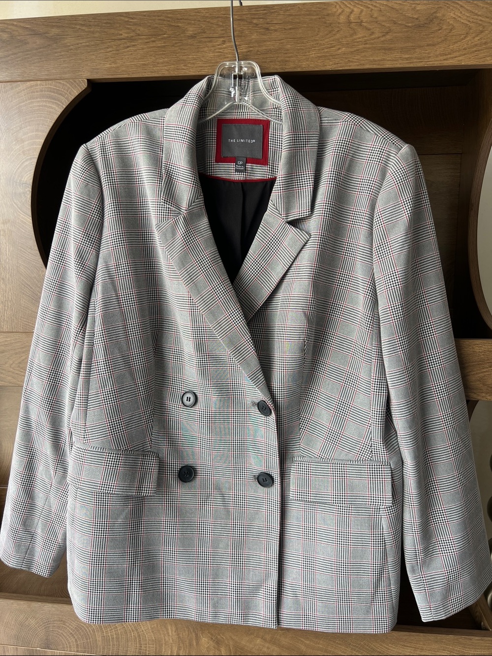 The Limited Grey Plaid Double-Breasted Blazer with Subtle Red Check